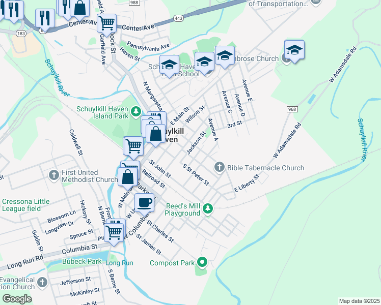 map of restaurants, bars, coffee shops, grocery stores, and more near 117 High Street in Schuylkill Haven