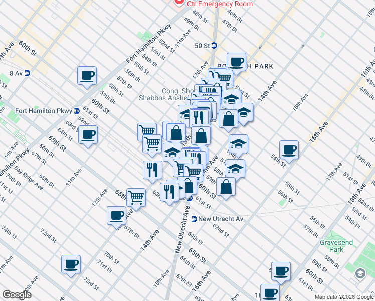 map of restaurants, bars, coffee shops, grocery stores, and more near 5810 New Utrecht Avenue in Brooklyn