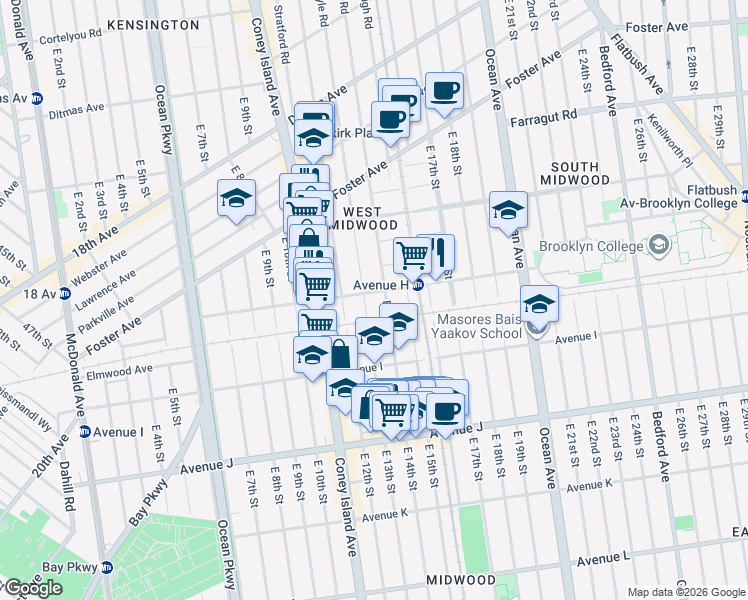 map of restaurants, bars, coffee shops, grocery stores, and more near 830 East 14th Street in Brooklyn