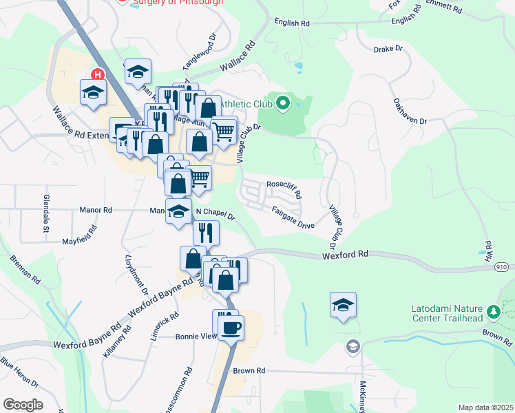 map of restaurants, bars, coffee shops, grocery stores, and more near 74 Fairgate Drive in Wexford
