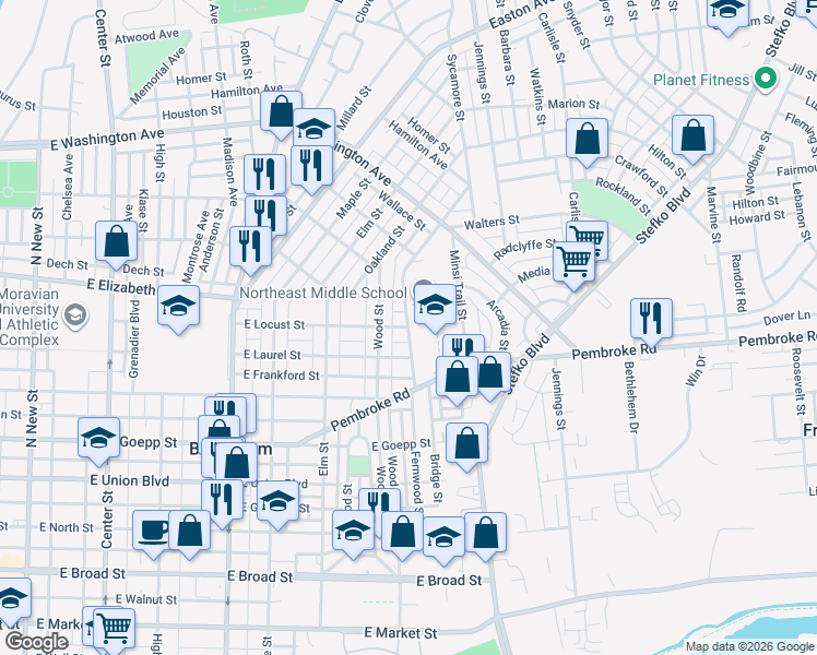 map of restaurants, bars, coffee shops, grocery stores, and more near 1170 Fernwood Street in Bethlehem