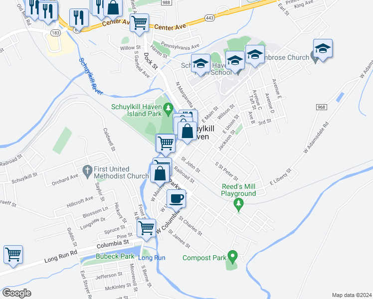 map of restaurants, bars, coffee shops, grocery stores, and more near 18 East Main Street in Schuylkill Haven