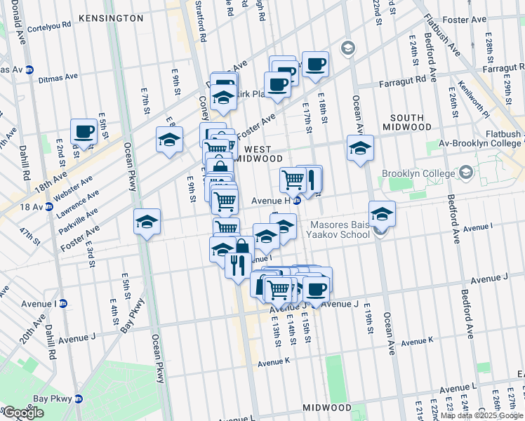 map of restaurants, bars, coffee shops, grocery stores, and more near 830 East 14th Street in Brooklyn