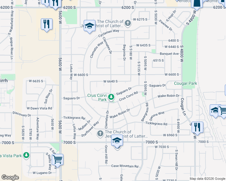 map of restaurants, bars, coffee shops, grocery stores, and more near 5281 Saguaro Drive in West Jordan