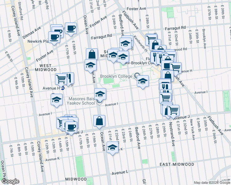 map of restaurants, bars, coffee shops, grocery stores, and more near 850 East 23rd Street in Brooklyn