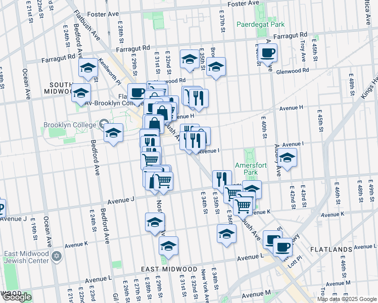 map of restaurants, bars, coffee shops, grocery stores, and more near 1672 Flatbush Avenue in Brooklyn