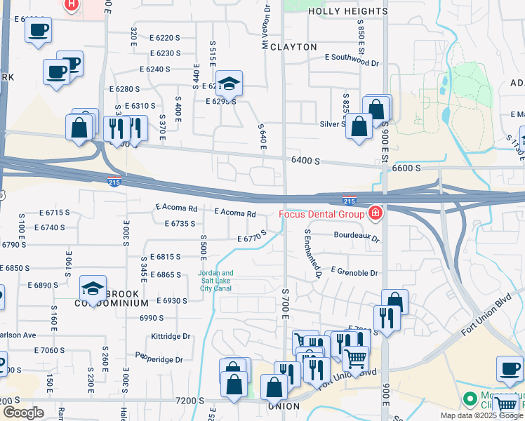 map of restaurants, bars, coffee shops, grocery stores, and more near 6729 Acoma Road in Midvale