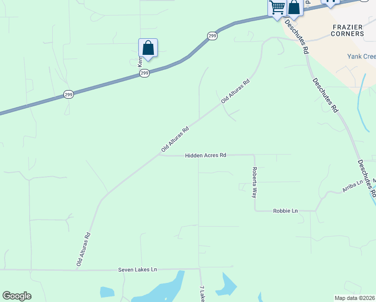 map of restaurants, bars, coffee shops, grocery stores, and more near 21727 Hidden Acres Road in Redding