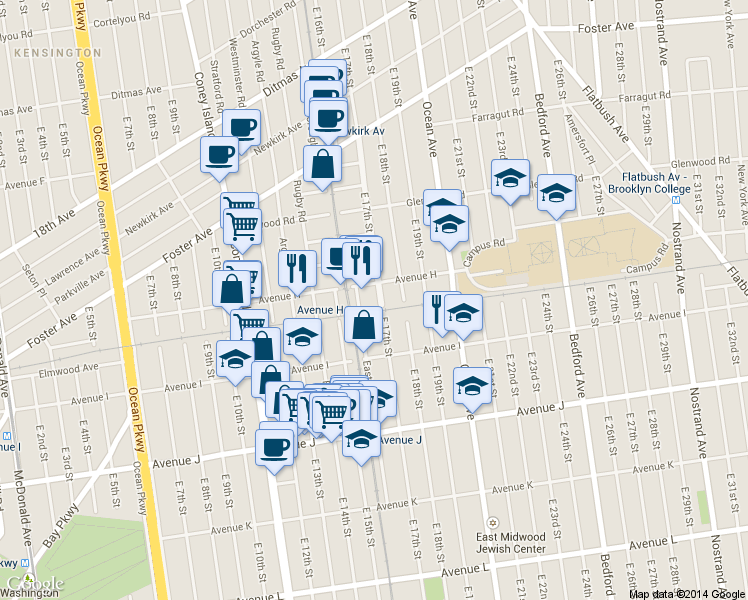 map of restaurants, bars, coffee shops, grocery stores, and more near 920 East 17th Street in Brooklyn