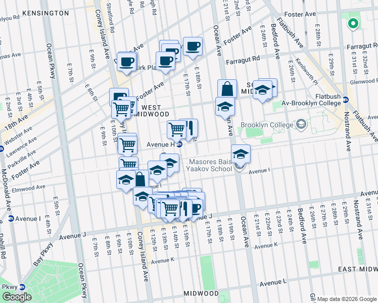 map of restaurants, bars, coffee shops, grocery stores, and more near 920 East 17th Street in Brooklyn