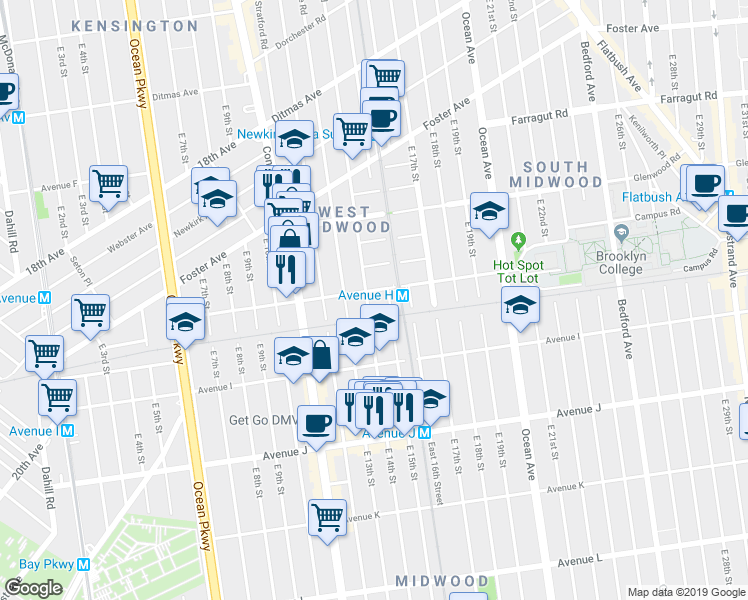 map of restaurants, bars, coffee shops, grocery stores, and more near 830 East 14th Street in Brooklyn