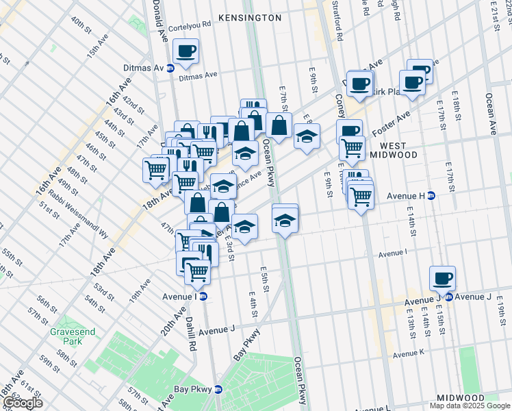 map of restaurants, bars, coffee shops, grocery stores, and more near 927 East 5th Street in Brooklyn