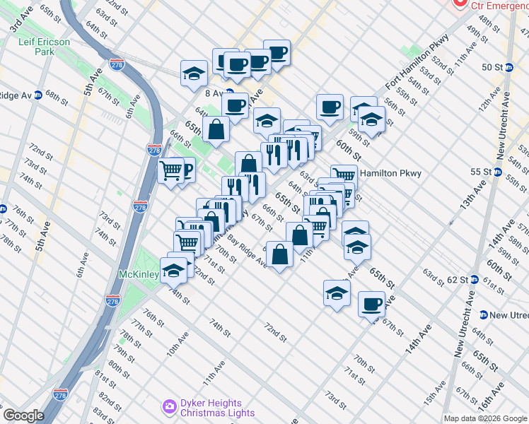 map of restaurants, bars, coffee shops, grocery stores, and more near 966 67th Street in Brooklyn