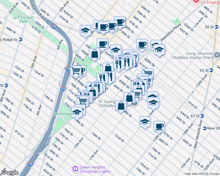 map of restaurants, bars, coffee shops, grocery stores, and more near 966 67th Street in Brooklyn