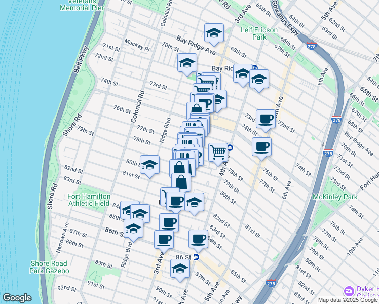 map of restaurants, bars, coffee shops, grocery stores, and more near 269 79th Street in Brooklyn