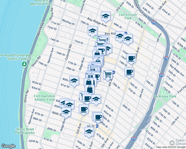 map of restaurants, bars, coffee shops, grocery stores, and more near 269 79th Street in Brooklyn
