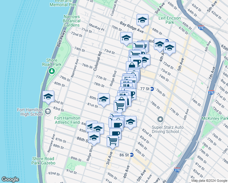 map of restaurants, bars, coffee shops, grocery stores, and more near 220 79th Street in Brooklyn