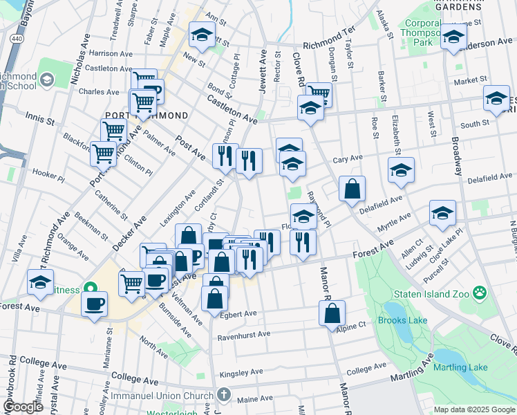 map of restaurants, bars, coffee shops, grocery stores, and more near 117 Dubois Avenue in Staten Island