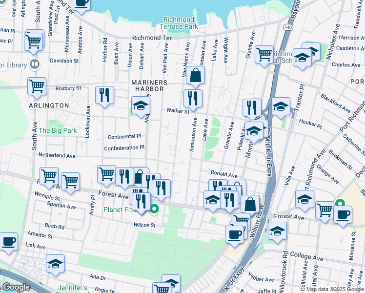 map of restaurants, bars, coffee shops, grocery stores, and more near 279 Van Name Avenue in Staten Island