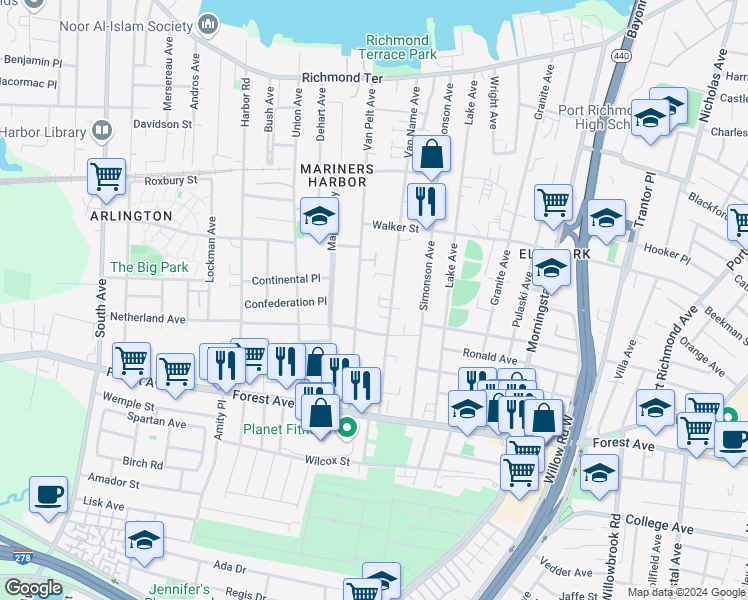 map of restaurants, bars, coffee shops, grocery stores, and more near 279 Van Name Avenue in Staten Island