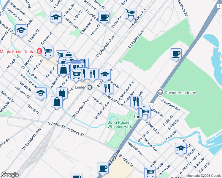 map of restaurants, bars, coffee shops, grocery stores, and more near 209 South Wood Avenue in Linden