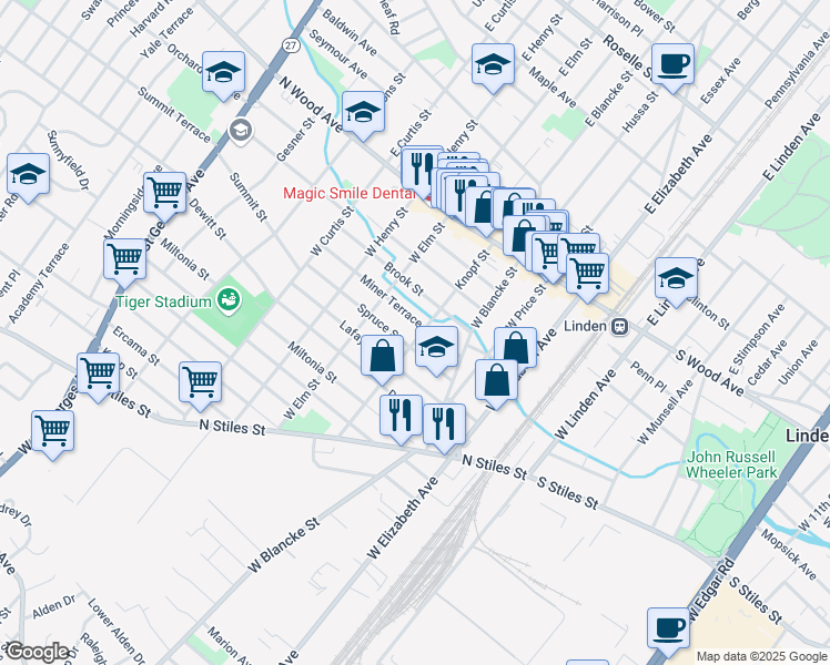 map of restaurants, bars, coffee shops, grocery stores, and more near 501 Knopf Street in Linden