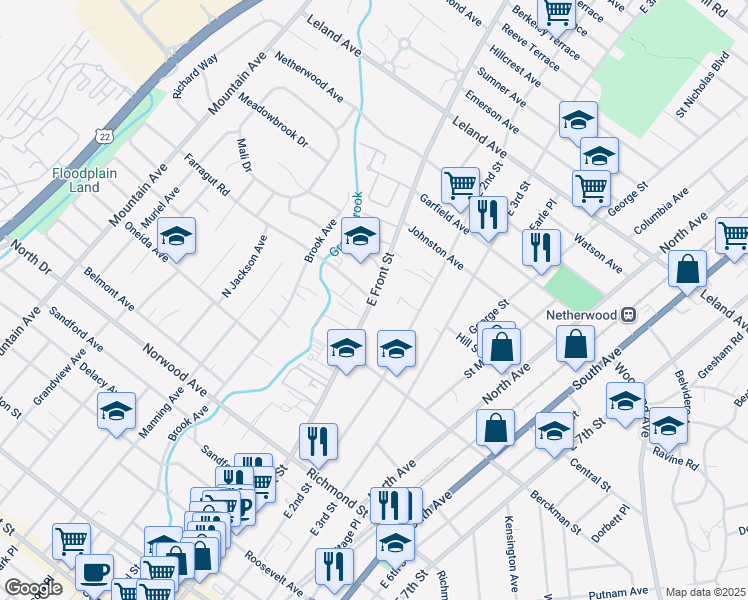 map of restaurants, bars, coffee shops, grocery stores, and more near in Plainfield