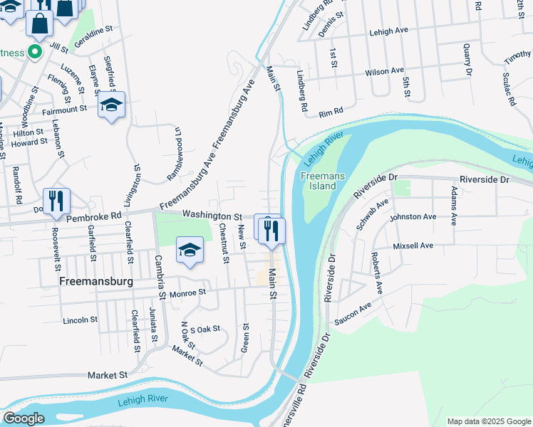 map of restaurants, bars, coffee shops, grocery stores, and more near 474 Main Street in Freemansburg
