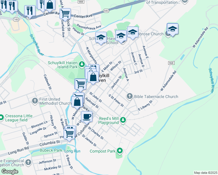 map of restaurants, bars, coffee shops, grocery stores, and more near 124 East Union Street in Schuylkill Haven