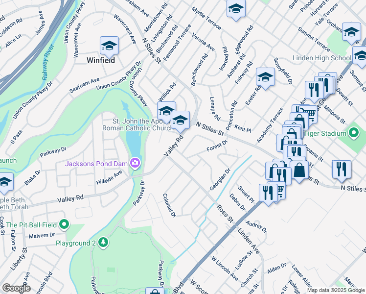 map of restaurants, bars, coffee shops, grocery stores, and more near 15 Crestwood Lane in Clark