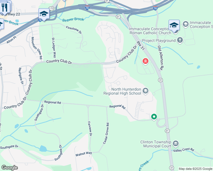 map of restaurants, bars, coffee shops, grocery stores, and more near 23 Westchester Terrace in Hunterdon County