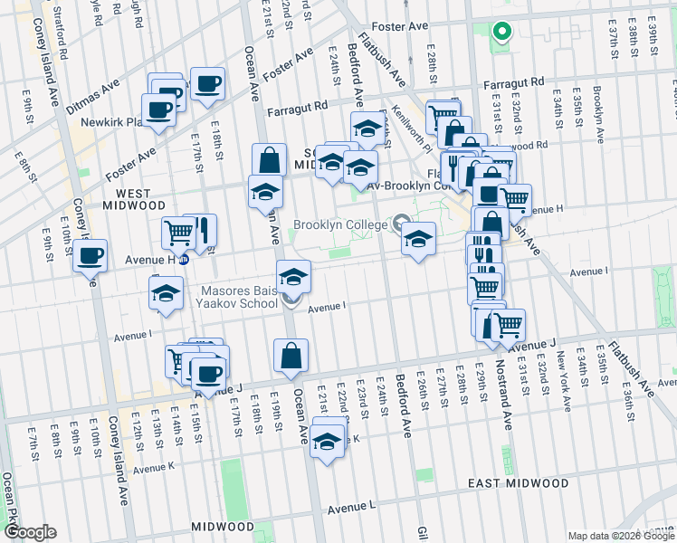 map of restaurants, bars, coffee shops, grocery stores, and more near 878 East 23rd Street in Brooklyn