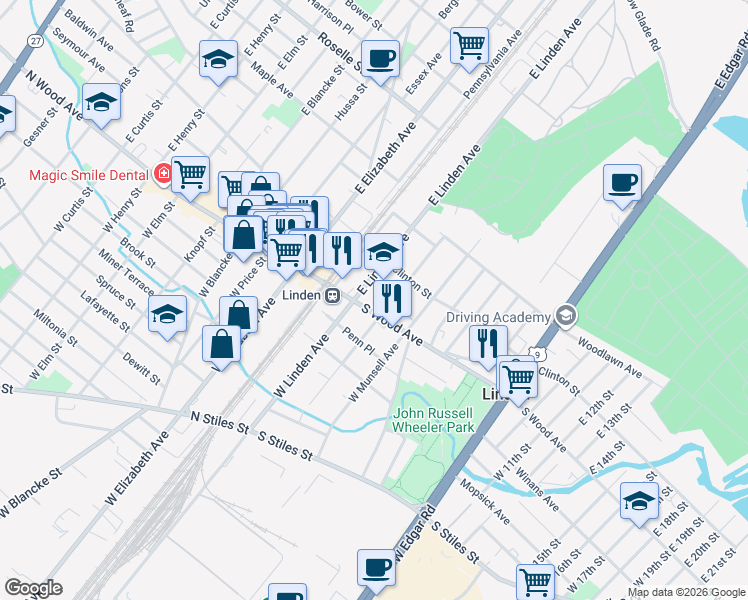 map of restaurants, bars, coffee shops, grocery stores, and more near 103 South Wood Avenue in Linden