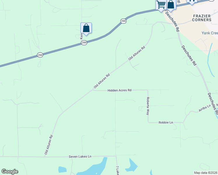 map of restaurants, bars, coffee shops, grocery stores, and more near 21727 Hidden Acres Road in Redding