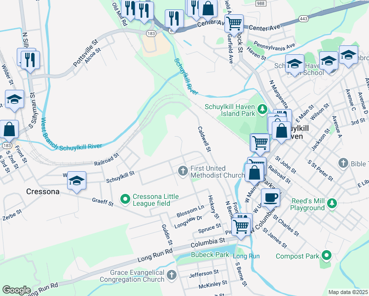map of restaurants, bars, coffee shops, grocery stores, and more near 400 May Drive in Schuylkill Haven