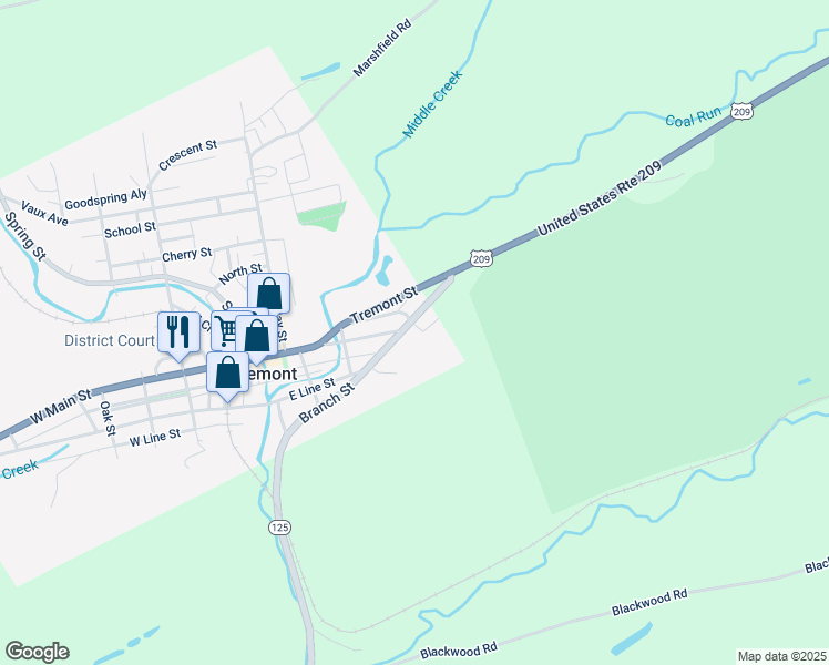 map of restaurants, bars, coffee shops, grocery stores, and more near 250 East Main Street in Tremont