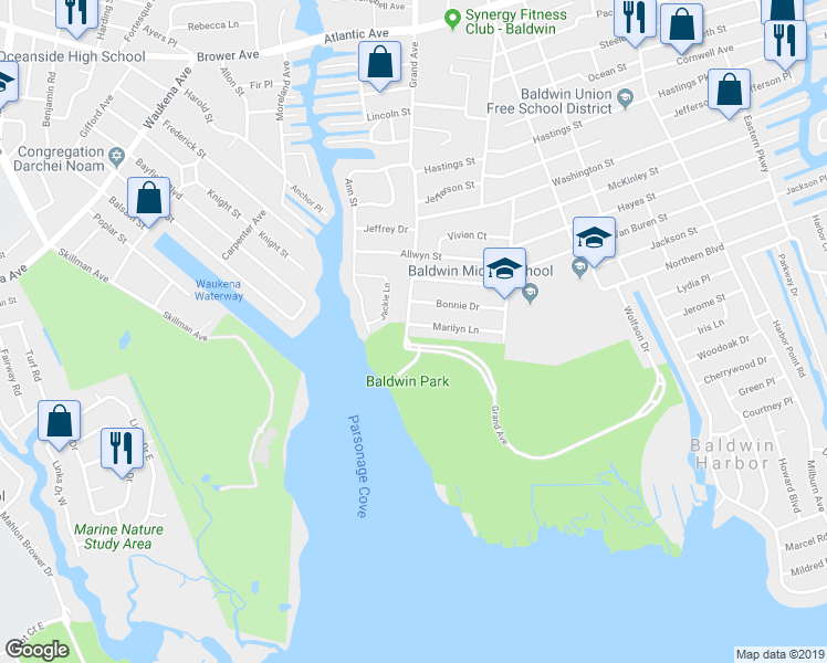 map of restaurants, bars, coffee shops, grocery stores, and more near 732 Marilyn Lane in Baldwin