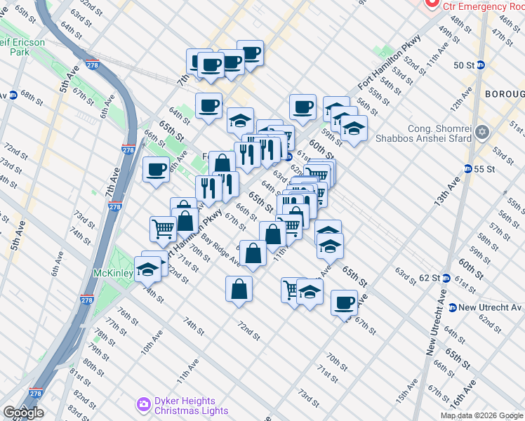 map of restaurants, bars, coffee shops, grocery stores, and more near 1014 66th Street in Brooklyn