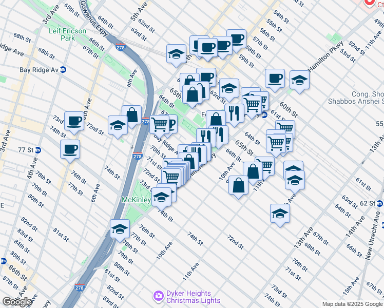 map of restaurants, bars, coffee shops, grocery stores, and more near 882 Bay Ridge Avenue in Brooklyn