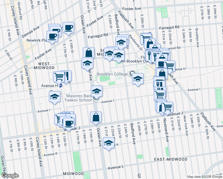 map of restaurants, bars, coffee shops, grocery stores, and more near 850 East 23rd Street in Brooklyn