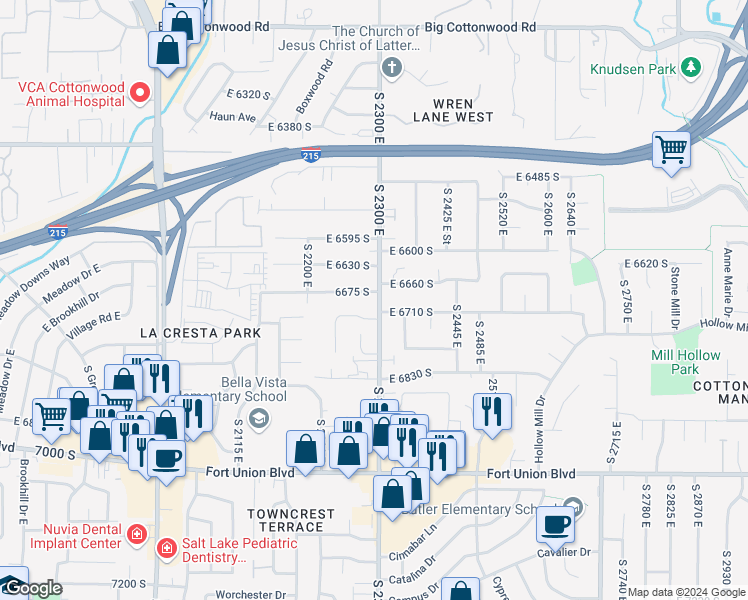 map of restaurants, bars, coffee shops, grocery stores, and more near 6690 South 2300 East in Cottonwood Heights