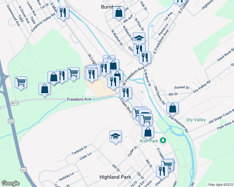 map of restaurants, bars, coffee shops, grocery stores, and more near 104 North Logan Boulevard in Burnham