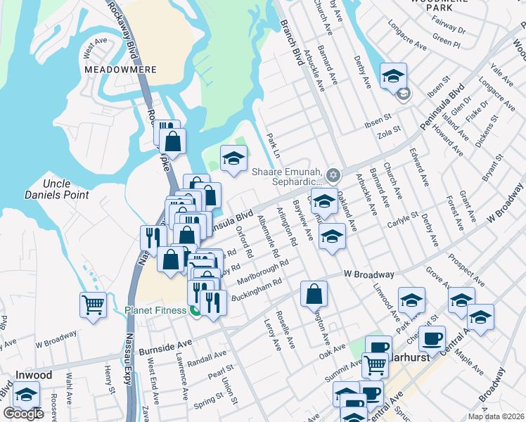 map of restaurants, bars, coffee shops, grocery stores, and more near 522 Albemarle Road in Cedarhurst