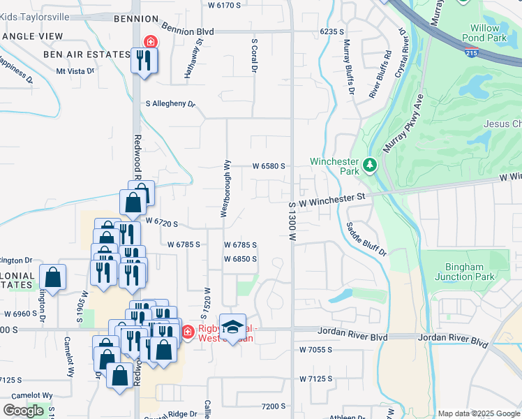 map of restaurants, bars, coffee shops, grocery stores, and more near 1380 West 6690 South in Murray