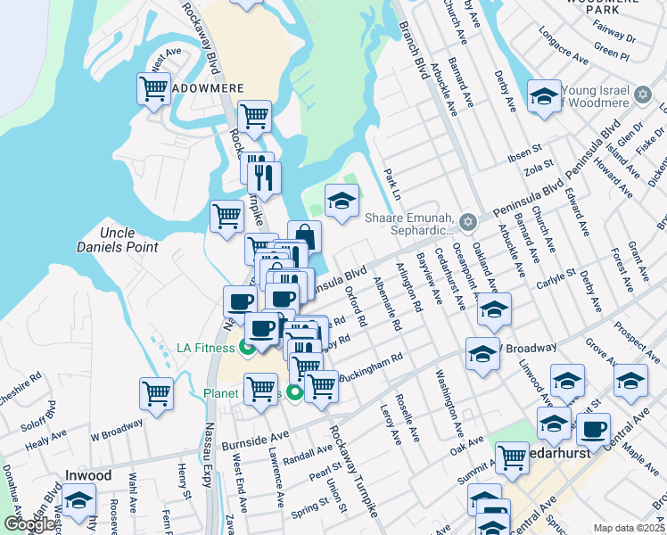 map of restaurants, bars, coffee shops, grocery stores, and more near 567 Oxford Road in Cedarhurst