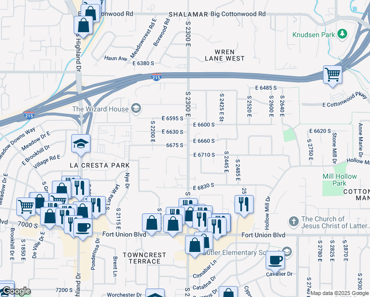 map of restaurants, bars, coffee shops, grocery stores, and more near 6690 South 2300 East in Cottonwood Heights