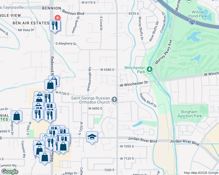map of restaurants, bars, coffee shops, grocery stores, and more near 1360 West 6690 South in Salt Lake City
