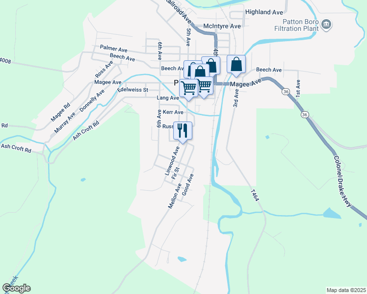 map of restaurants, bars, coffee shops, grocery stores, and more near 314 Linwood Avenue in Patton