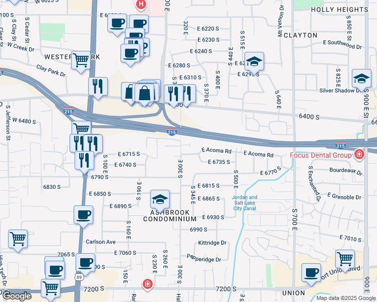map of restaurants, bars, coffee shops, grocery stores, and more near 333 Perrine Drive in Midvale