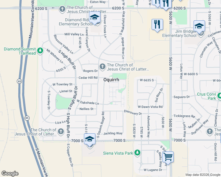 map of restaurants, bars, coffee shops, grocery stores, and more near 5965 Leichen Avenue in West Jordan